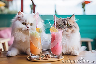 Two cute persian cats drinking colorful summer cocktails garnished with fruits. Tropucal vacation Stock Photo