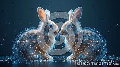 Two cute polygonal rabbit figure composed of sparkling points and lines on dark digital landscape backdrop Stock Photo