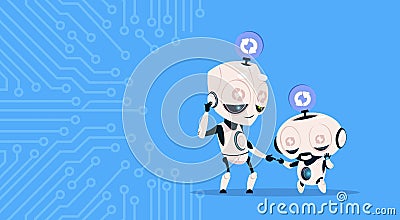 Two Cute Robots Sleeping Updating System Programming Software Over Circuit Background Vector Illustration