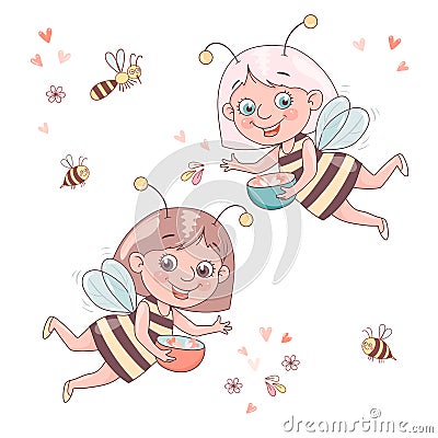 Two cute smiling cartoon girl bee flies surrounded by a honeybees and bumblebees. Vector Illustration