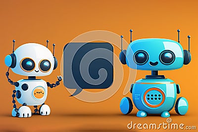 two Cute smiling robots chatbot with speech bubble sign of cartoon character. chatbot voice communication support service. AI Stock Photo