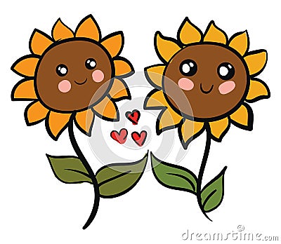 Two cute sunflowers in love vector illustration Vector Illustration