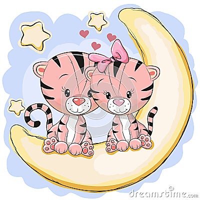 Two Cute Tigers on the moon Vector Illustration