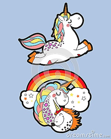 Two cute unicorn stickers on blue background Stock Photo