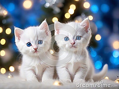 Cute white kittens with Christmas holiday background Stock Photo