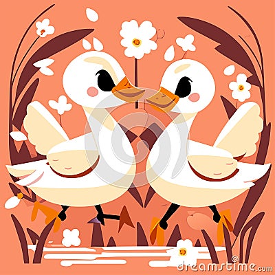 Two cute white swans in love on a pink background. AI generated Cartoon Illustration