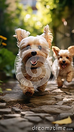 Two cute Yorkshire Terrier dogs running and smiling in a garden Stock Photo