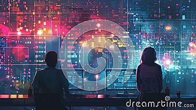 Two cybersecurity professionals attentively monitor complex data networks, analyzing cyber threats in a high-tech control room Stock Photo