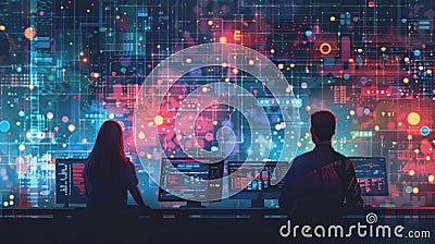 Two cybersecurity professionals attentively monitor complex data networks, analyzing cyber threats in a high-tech control room Stock Photo