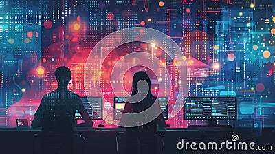 Two cybersecurity professionals attentively monitor complex data networks, analyzing cyber threats in a high-tech control room Stock Photo
