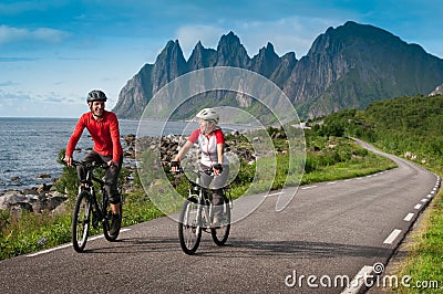Two cyclists relax biking Stock Photo