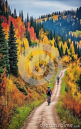 Two cyclists riding along an autumn forest road, back view, wellness and sport activity in autumn Stock Photo