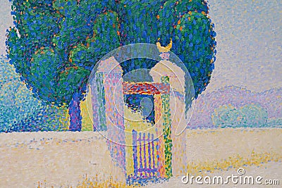 The two cypresses detail Pointillism style, painting by French impressionist Paul Signac Stock Photo