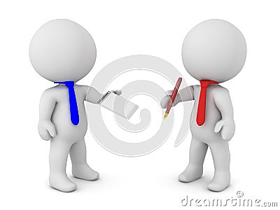 Two 3D Characters coming to a writen agreement Stock Photo