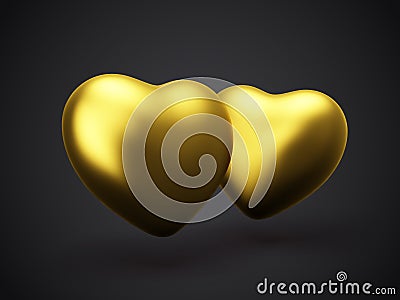 Two 3D glamorous golden heart on black background. Vector Illustration