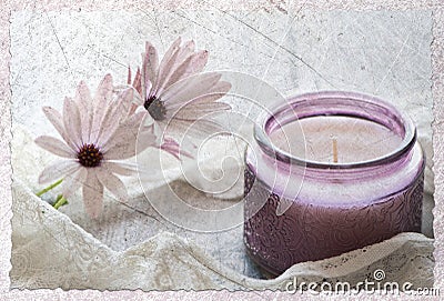 Two Daisies rapped in lace with purple candle on grungy background Stock Photo
