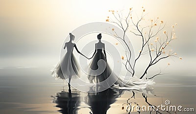 Two dancers, outside doors, dance in the dim light, with fog. AI generated Stock Photo