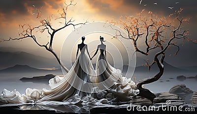 Two dancers, outside doors, dance in the dim light, with fog. AI generated Stock Photo