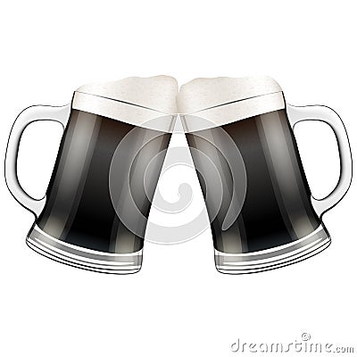 Two dark beer mugs clink. Vector Illustration Vector Illustration