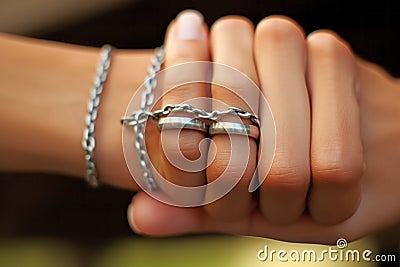 Two dark female hands with silver rings shake each other Stock Photo