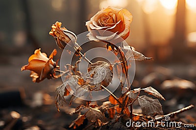 two dead roses in the middle of a forest at sunset Stock Photo