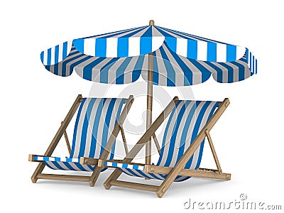 Two deckchair and parasol on white background Stock Photo