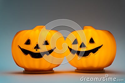 Decorative lanterns in form of Halloween pumpkins isolated on a gray background Stock Photo