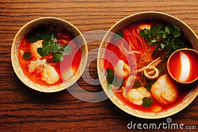 Two deep bowls with Thai tom yam soup with bright tomato sauce and coconut Stock Photo