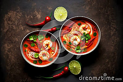 two deep bowls with thai tom yam soup with bright tomato sauce and coconut Stock Photo