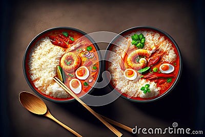 two deep bowls with thai tom yam soup with bright tomato sauce and coconut Stock Photo