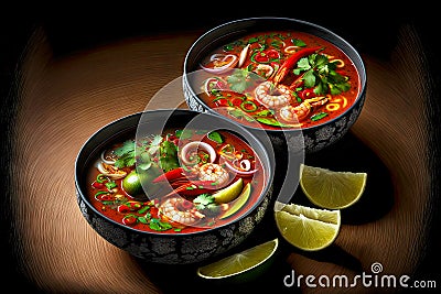 two deep bowls with thai tom yam soup with bright tomato sauce and coconut Stock Photo