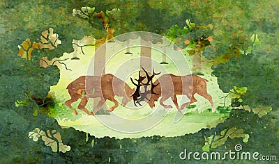 Two deer bucks fighting in forest Cartoon Illustration