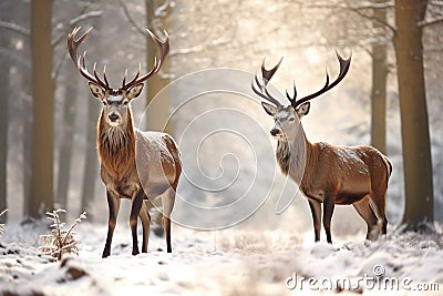 Two deer stand on the edge of a winter forest and survive the winter.Deer in the national park in the forest. Generative AI Stock Photo