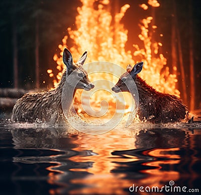 two deer stand in the water against the backdrop of fire Stock Photo