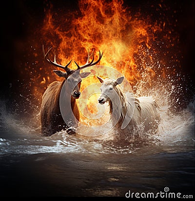 two deer stand in the water against the background of fire Stock Photo