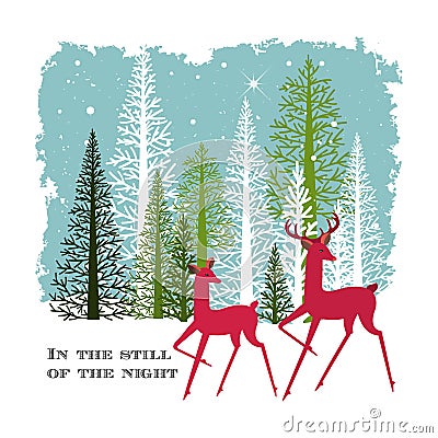 Two Deer in the Woods on a Winter night Vector Illustration