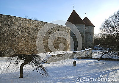 Two defensive towers in the city wall of Tallinn, Estonia Stock Photo