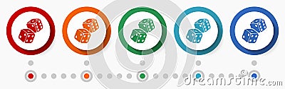 Two dices, casino concept vector icon set, flat design colorful buttons, infographic template in 5 color options Vector Illustration