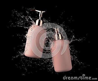 Two different beige cosmetic bottles in water splash isolated on black background 3D render, hair and bory care products Stock Photo