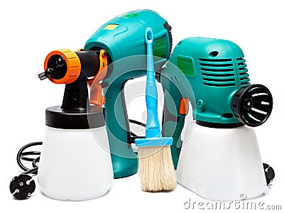 Two different construction electrical spray gun for pulverization of color Stock Photo