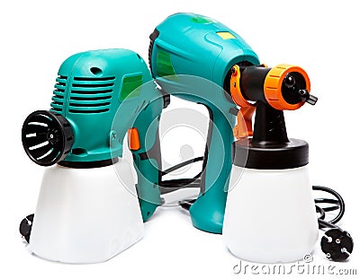 Two different construction electrical spray gun for pulverization of color on a white background Stock Photo