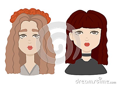 Two different girls portrait in cartoon style. Set of female human heads in color Vector Illustration