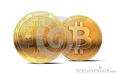 Two different golden bitcoins as possible split of bitcoin cryptocurrency into two currencies isolated on white background Stock Photo