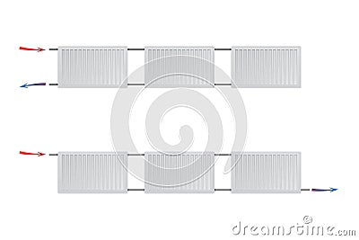 Two different heating systems with steel panel radiators on a white background. Vector Illustration