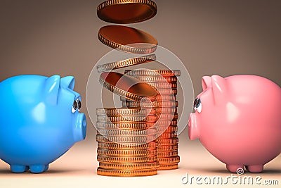 two different piggy banks and fallen gold coins in stack isolated Stock Photo
