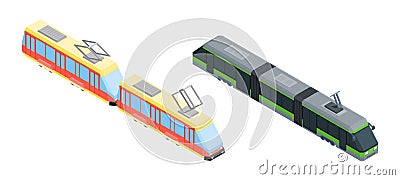 two different trams city transport isometric style Vector Illustration
