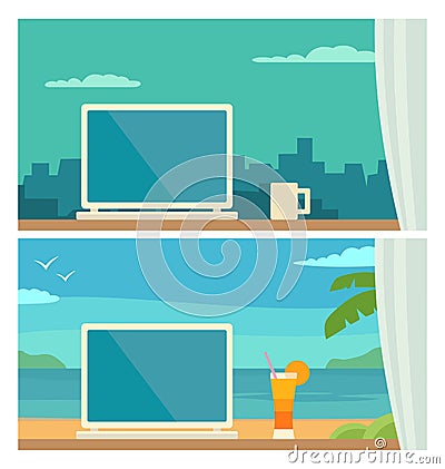 Two different workplace in office and on tropical resort Vector Illustration