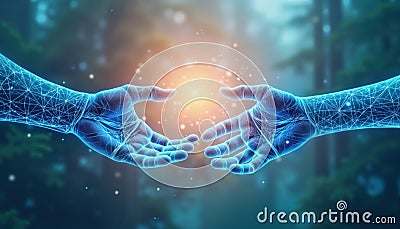 Two digital hands reach for each other. Wireframe arms connect in a futuristic mesh. Abstract tech concept. Digital creation. Stock Photo