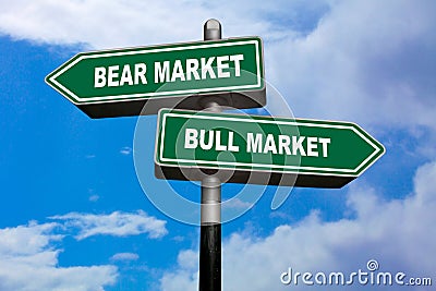 Bear Market or Bull Market - Direction signs Stock Photo