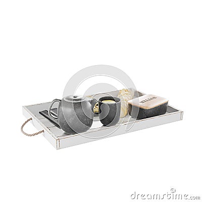 two dishes and mugs are sitting on a tray together, 3d rendering Stock Photo